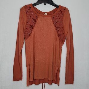 Free People Boho Distressed Crochet Lace Up Back Top Size XS